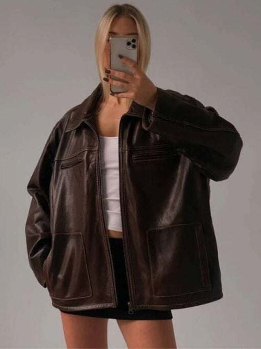 Women's Distressed 90's Oversized Brown Real Leather Jacket