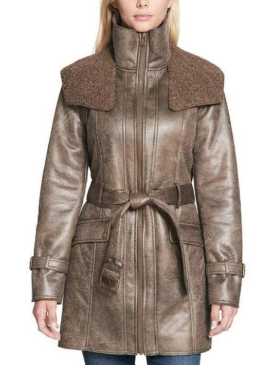 Women's Duster Shearling Brown Leather Coat