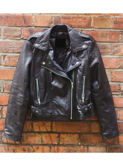 Womens 80's Style Classic Lambskin Black Biker Jacket