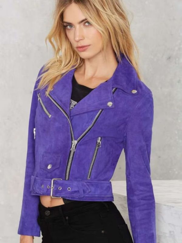 Womens & Girls Cropped Motor Biker Suded Jacket