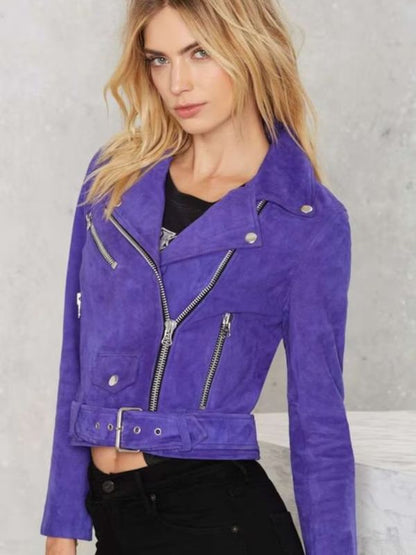 Womens & Girls Cropped Motor Biker Suded Jacket