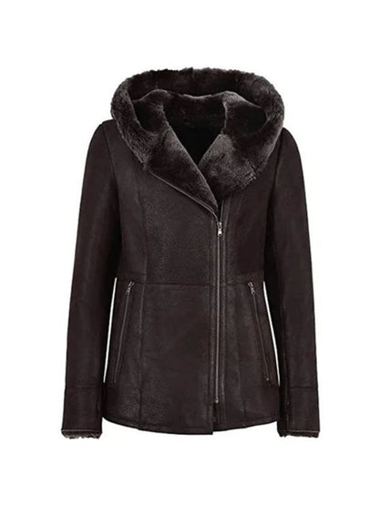 Womens Hooded Fur Shearling Long Jacket