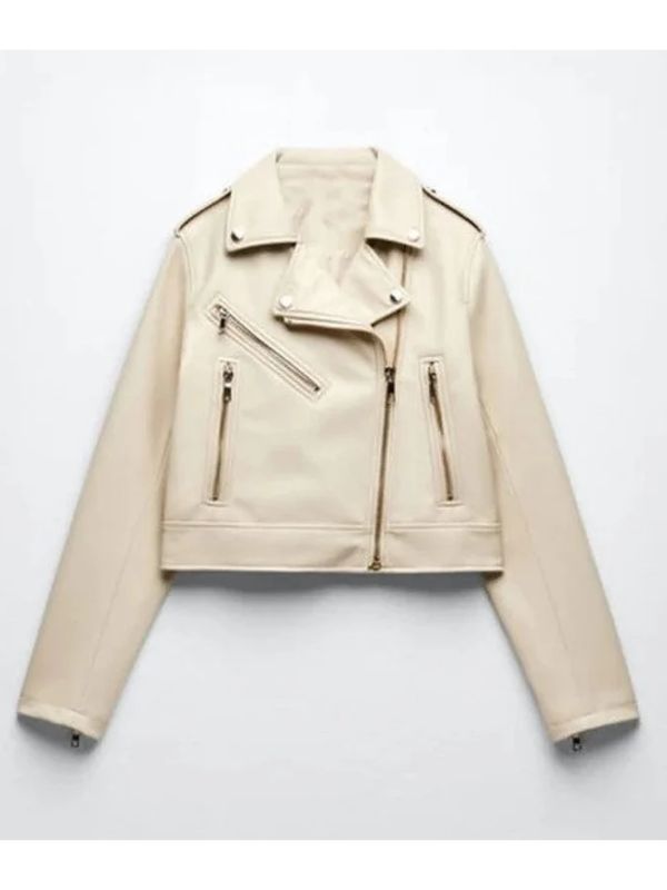 Womens Off White Sheepskin Motorcycle Leather Jacket
