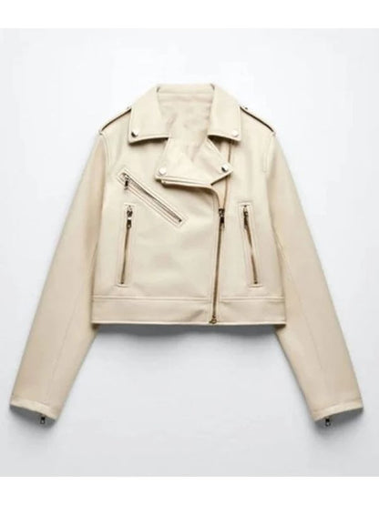 Womens Off White Sheepskin Motorcycle Leather Jacket