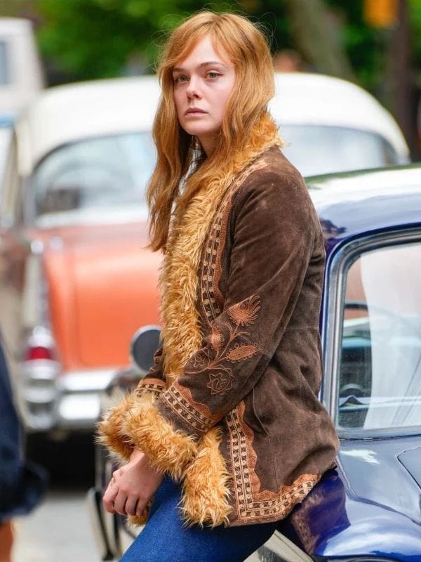 A Complete Unknown Elle Fanning Brown Fur Suede Jacket Sylvie Russo A Complete Unknown Elle Fanning Brown Fur Suede Jacket