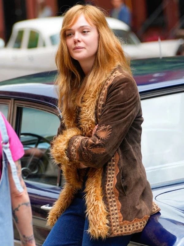 A Complete Unknown Elle Fanning Brown Fur Suede Jacket Sylvie Russo A Complete Unknown Elle Fanning Brown Fur Suede Jacket
