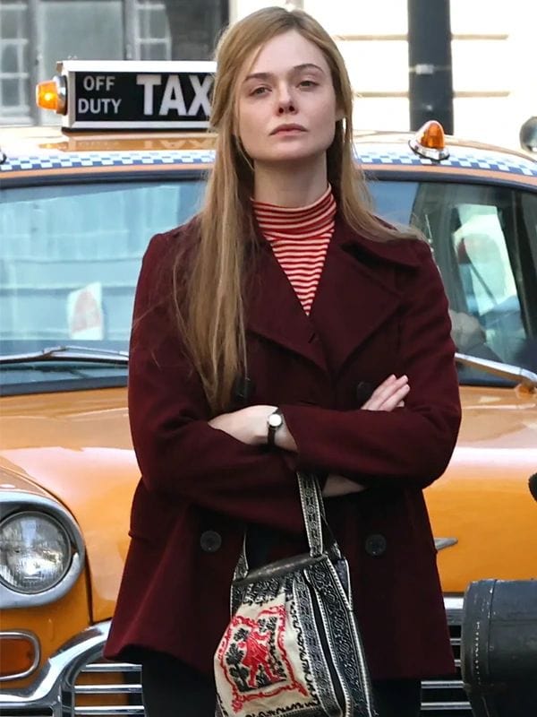 A Complete Unknown Elle Fanning Maroon Pea Coat Sylvie Russo A Complete Unknown Elle Fanning Maroon Pea Coat