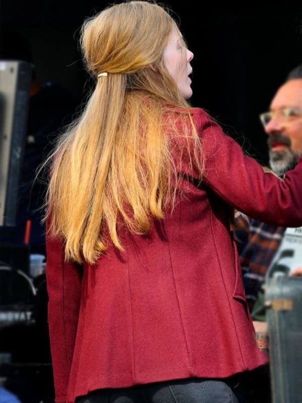 A Complete Unknown Elle Fanning Maroon Pea Coat Sylvie Russo A Complete Unknown Elle Fanning Maroon Pea Coat