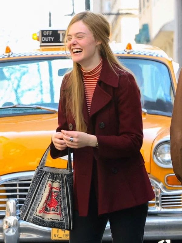 A Complete Unknown Elle Fanning Maroon Pea Coat Sylvie Russo A Complete Unknown Elle Fanning Maroon Pea Coat