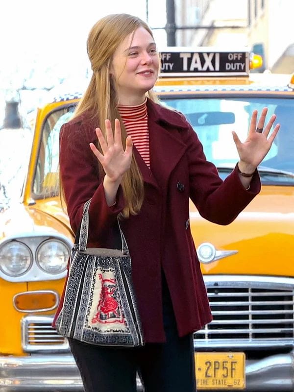 A Complete Unknown Elle Fanning Maroon Pea Coat Sylvie Russo A Complete Unknown Elle Fanning Maroon Pea Coat
