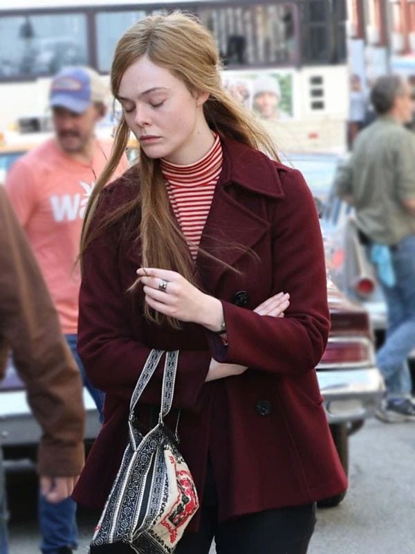 A Complete Unknown Elle Fanning Maroon Pea Coat Sylvie Russo A Complete Unknown Elle Fanning Maroon Pea Coat
