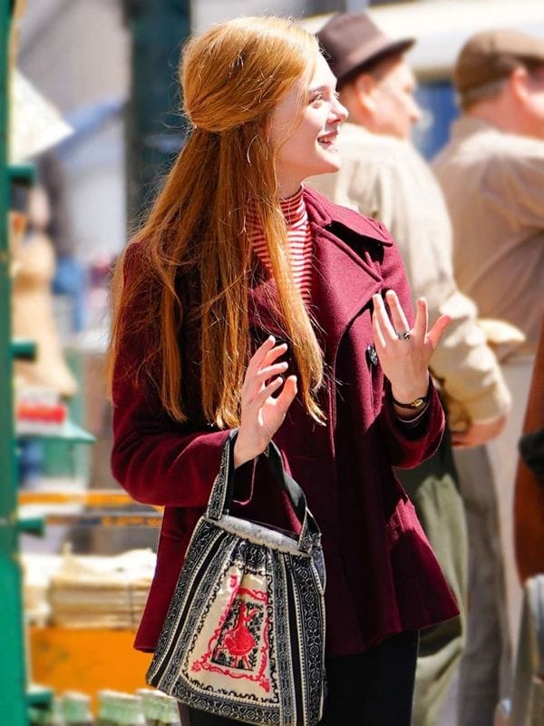 A Complete Unknown Elle Fanning Maroon Pea Coat Sylvie Russo A Complete Unknown Elle Fanning Maroon Pea Coat