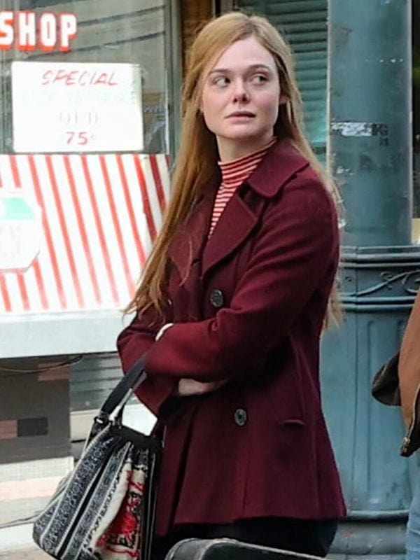 A Complete Unknown Elle Fanning Maroon Pea Coat Sylvie Russo A Complete Unknown Elle Fanning Maroon Pea Coat