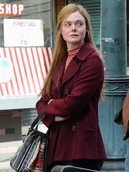 A Complete Unknown Elle Fanning Maroon Pea Coat Sylvie Russo A Complete Unknown Elle Fanning Maroon Pea Coat