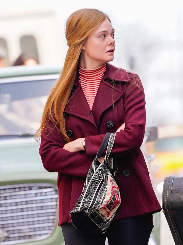 A Complete Unknown Elle Fanning Maroon Pea Coat Sylvie Russo A Complete Unknown Elle Fanning Maroon Pea Coat