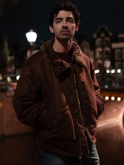 A Very Jonas Christmas Movie Joe Jonas Brown Shearling Jacket