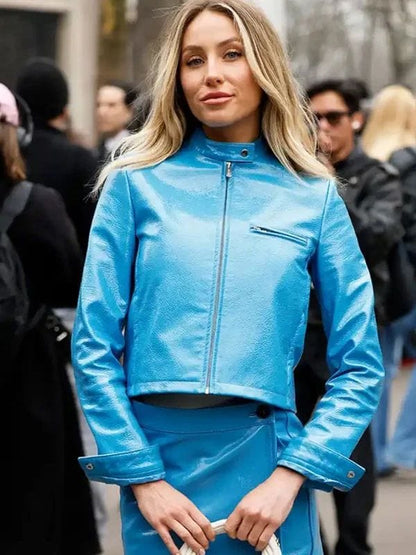 Alix Earle PFW 2025 Blue Leather Jacket