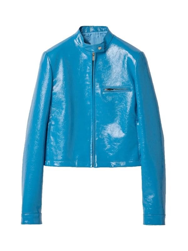 Alix Earle PFW 2025 Blue Leather Jacket