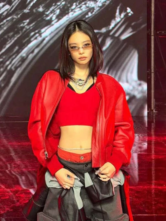 Blackpink Jennie Live Performance Red Leather Jacket