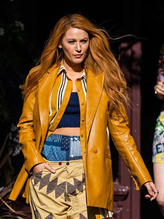 Blake Lively It Ends With Us Mustard Leather Coat Blake Lively It Ends With Us Mustard Leather Coat