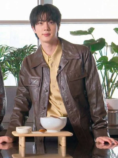 BTS Cook Dinner Together Jin Leather Jacket Brown