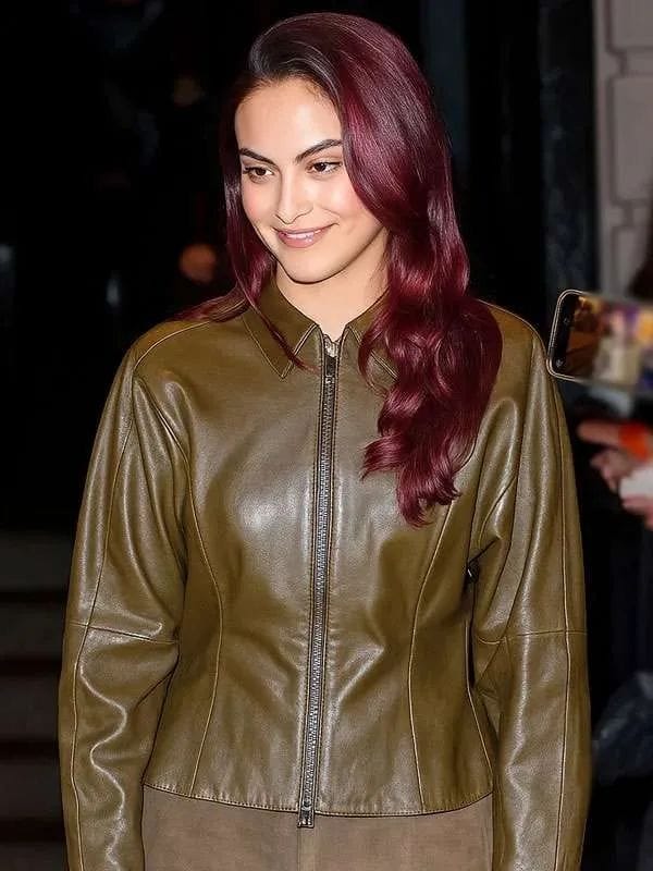 Camila Mendes SNL 2025 Olive Green Leather Jacket