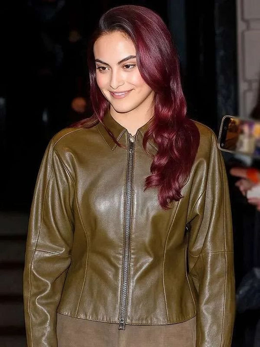 Camila Mendes SNL 2025 Olive Green Leather Jacket