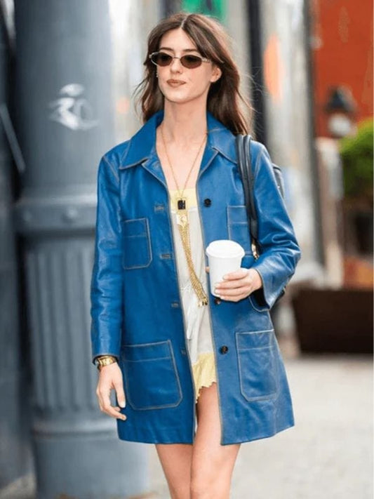 Daisy Edgar-Jones Blue Leather Coat Blazer - Shop Now