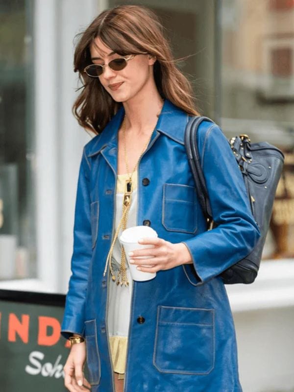 Daisy Edgar-Jones Blue Leather Coat Blazer - Shop Now