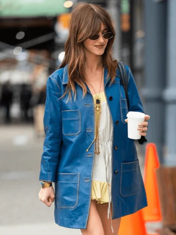 Daisy Edgar-Jones Blue Leather Coat Blazer - Shop Now