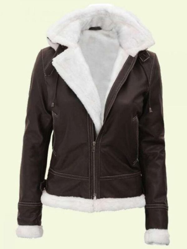 Dark Brown Shearling Hooded Jacket For Women’s Women's Dark Brown Shearling Leather Hooded Jacket