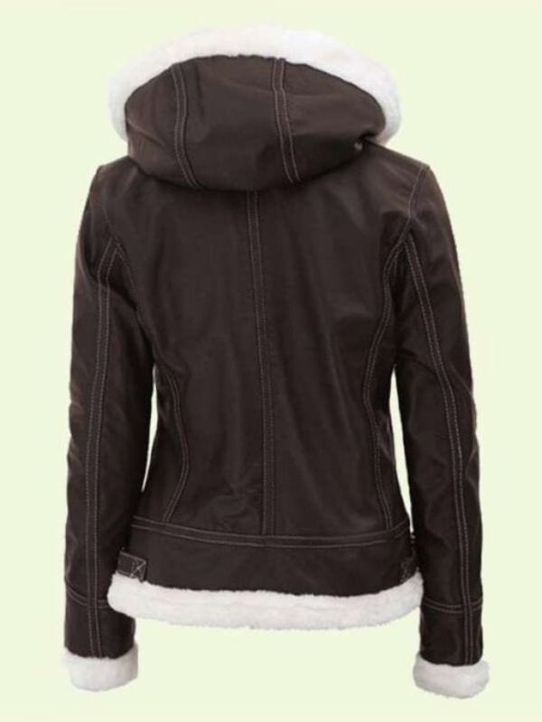 Dark Brown Shearling Hooded Jacket For Women’s Women's Dark Brown Shearling Leather Hooded Jacket