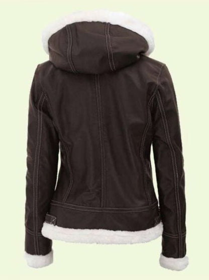 Dark Brown Shearling Hooded Jacket For Women’s Women's Dark Brown Shearling Leather Hooded Jacket