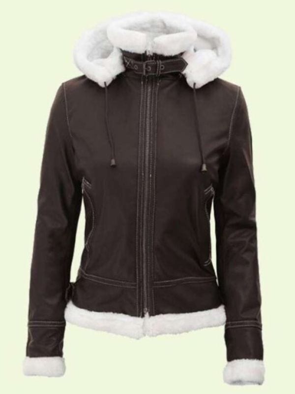 Dark Brown Shearling Hooded Jacket For Women’s Women's Dark Brown Shearling Leather Hooded Jacket