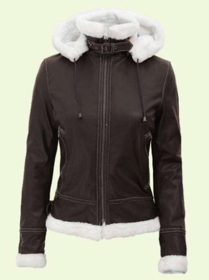 Dark Brown Shearling Hooded Jacket For Women’s Women's Dark Brown Shearling Leather Hooded Jacket