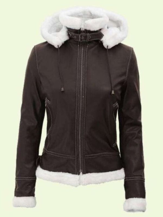 Dark Brown Shearling Hooded Jacket For Women’s Women's Dark Brown Shearling Leather Hooded Jacket
