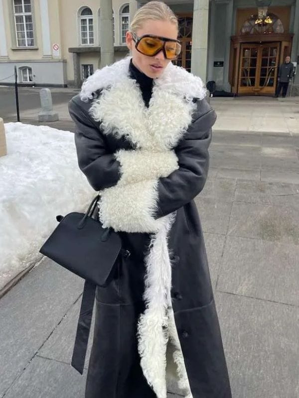 Elsa Hosk Shearling Black Leather Coat