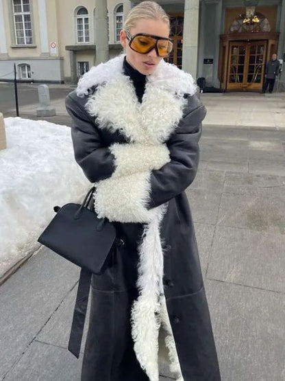 Elsa Hosk Shearling Black Leather Coat