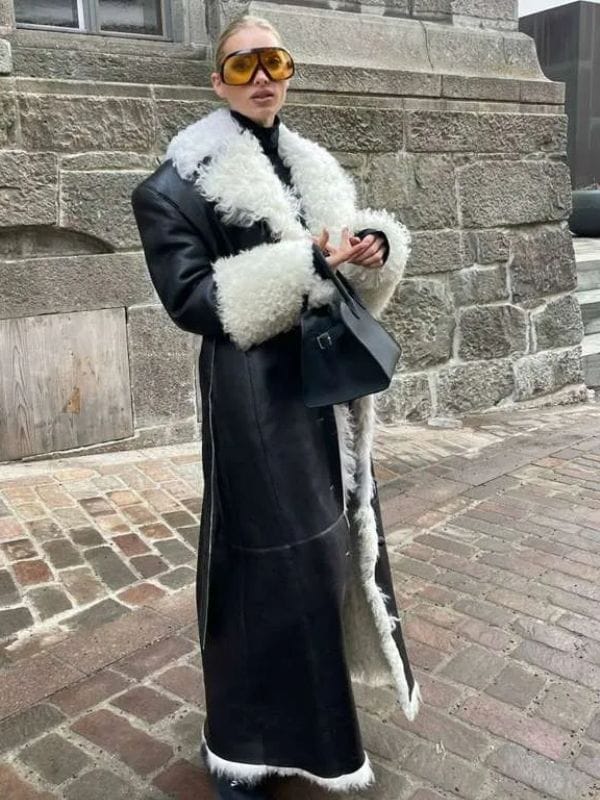 Elsa Hosk Shearling Black Leather Coat
