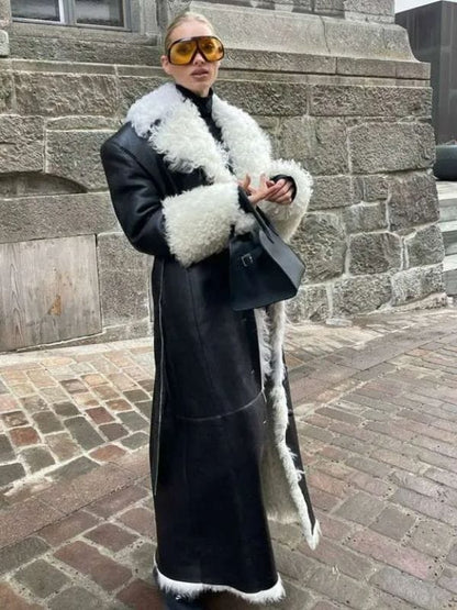 Elsa Hosk Shearling Black Leather Coat