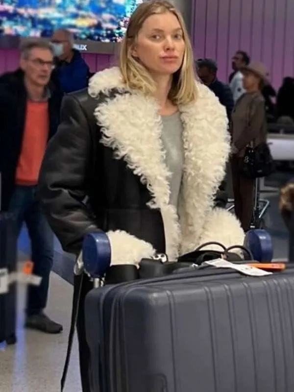 Elsa Hosk Shearling Black Leather Coat
