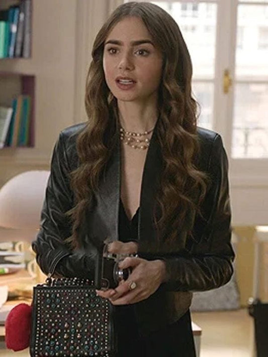 Emily In Paris Emily Cooper Black Cropped Leather Jacket Emily In Paris Emily Cooper Black Cropped Leather Jacket