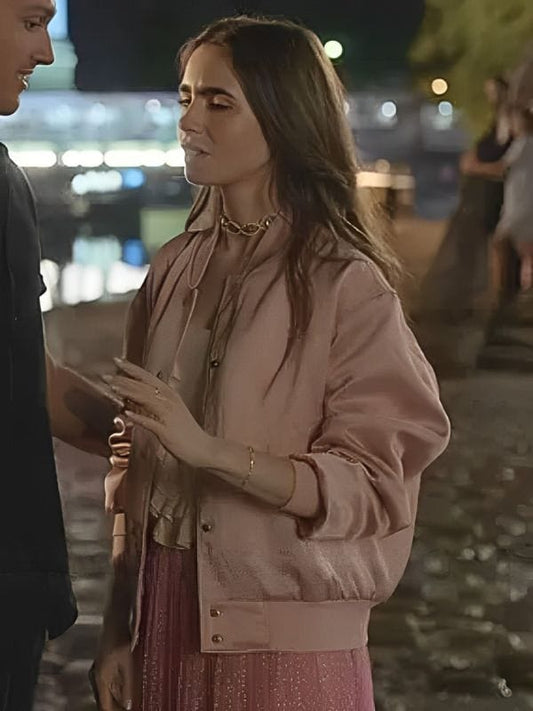 Emily In Paris Emily Cooper Pink Bomber Jacket Lily Collins Emily In Paris Emily Cooper Pink Bomber Jacket