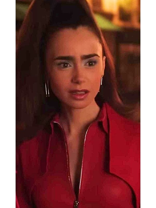 Emily In Paris S04 Lily Collins Red Leather Jacket Emily In Paris S04 Lily Collins Red Leather Jacket