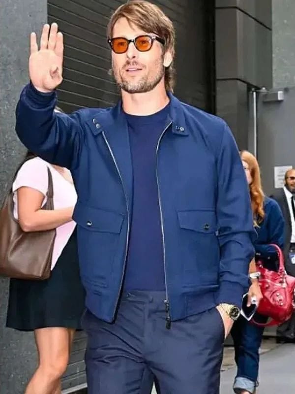 Glen Powell NYC 2026 Blue Bomber Jacket