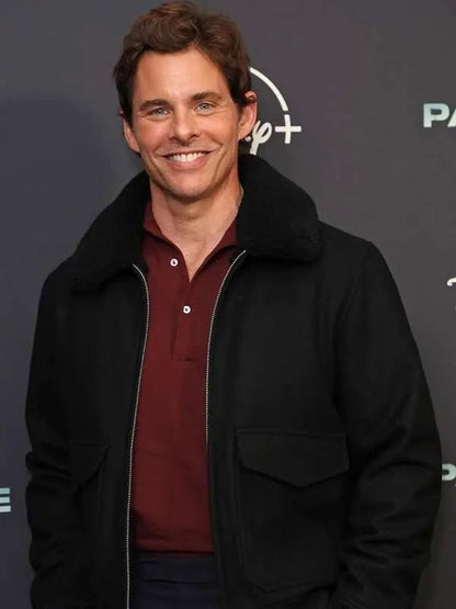 James Marsden Paradise 2025 Black Bomber Jacket James Marsden Paradise 2025 Black Bomber Jacket