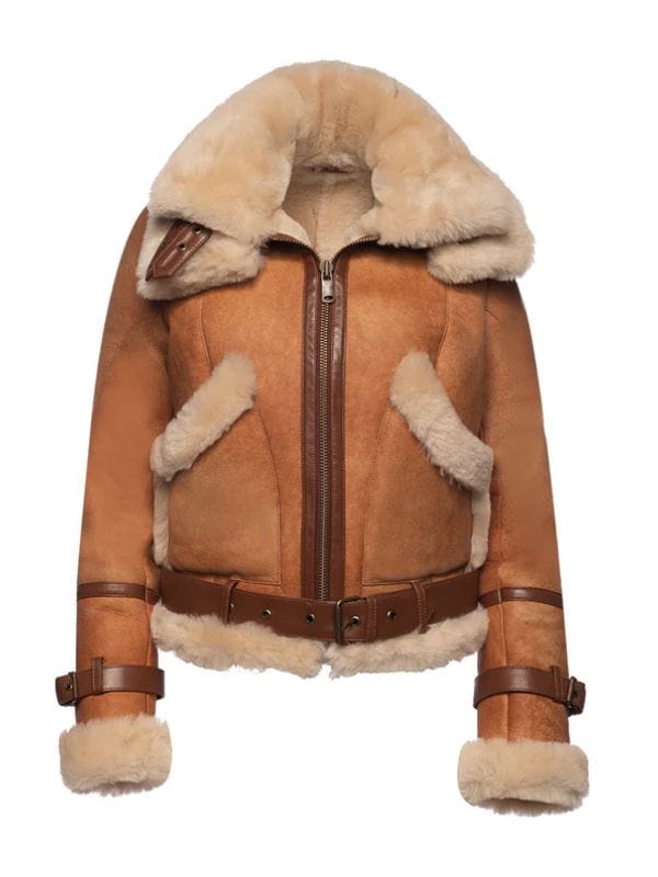 Kristy Vintage Cognac Womens Crop Shearling Bomber Jacket