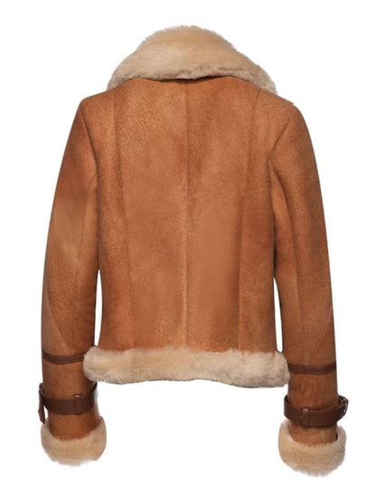 Kristy Vintage Cognac Womens Crop Shearling Bomber Jacket