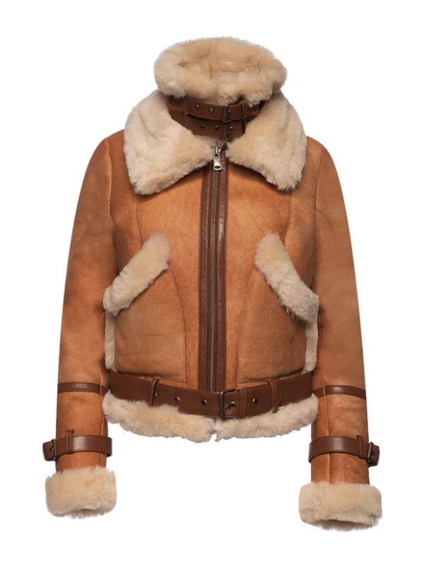 Kristy Vintage Cognac Womens Crop Shearling Bomber Jacket