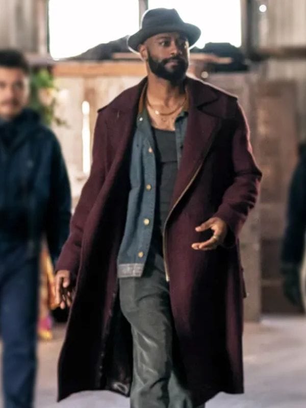 LaKeith Stanfield Play Dirty 2025 Maroon Trench Coat